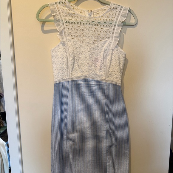 Lilly Pulitzer White Eyelet Top with Blue Pinstripe A-Line Skirt - Picture 2 of 4